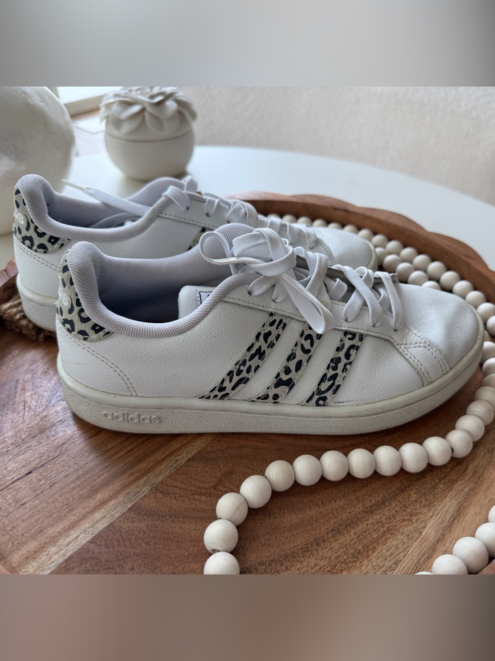 Adidas White Sneakers with Black Leopard Stripes